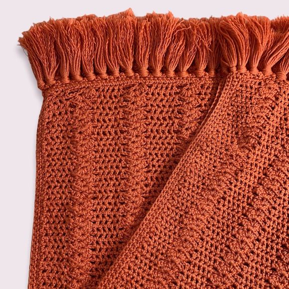 Crochet Afghan Blanket Throw Hand Crafted Salmon Pink Orange Fringe 45 x 39 - Picture 4 of 11